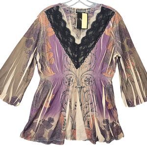 JTB Purple Black Lace Shirt NEW Elastic Fitted Waist V-Neck 3/4 Sleeves Womens L